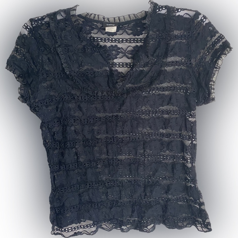 Vintage Y2K Vanity black Lace babydoll stretch sheer top yolk collar goth